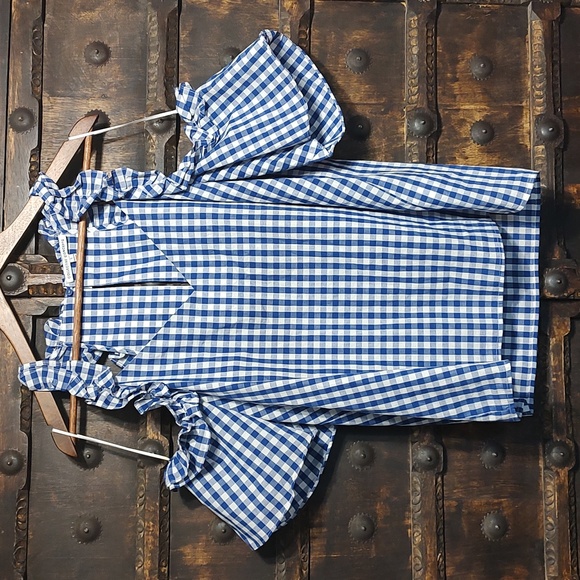 Fisherman Aesthetic Gingham Cold Shoulder Blue Cotton Blouse Blogger Favorite - Picture 1 of 13